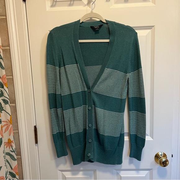 Teal/White Mini Striped Cardigan - size small - Picture 3 of 5